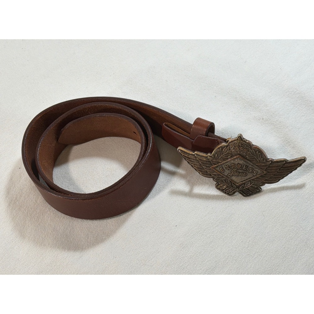Express Jeans Vintage Brown Leather Belt Winged Crest Buckle Womens Medium